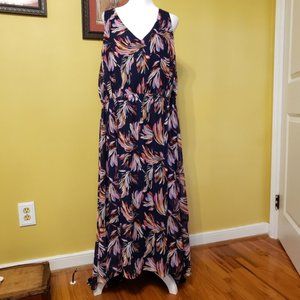 Lane Bryant blue white orange floral hi-lo midi dress sheer over slip Si…